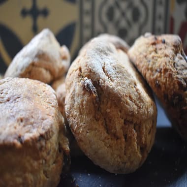 Beremeal Date Scones on a black board